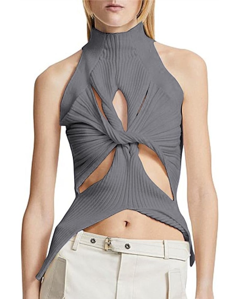 Women Sexy Hollow Out Twist Front Knitted Tank Tops Sleeveless High Neck Cut Out Sweater Vest Grey $13.20 Sweaters