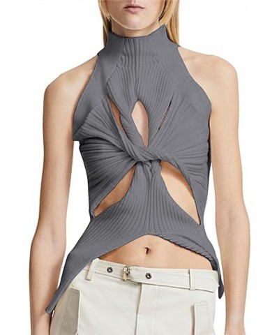 Women Sexy Hollow Out Twist Front Knitted Tank Tops Sleeveless High Neck Cut Out Sweater Vest Grey $13.20 Sweaters