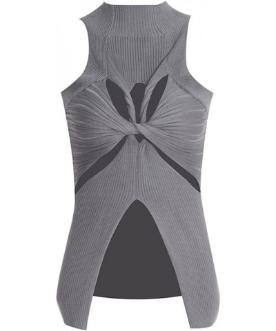 Women Sexy Hollow Out Twist Front Knitted Tank Tops Sleeveless High Neck Cut Out Sweater Vest Grey $13.20 Sweaters