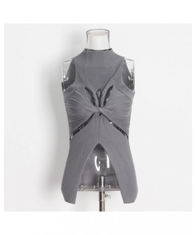 Women Sexy Hollow Out Twist Front Knitted Tank Tops Sleeveless High Neck Cut Out Sweater Vest Grey $13.20 Sweaters