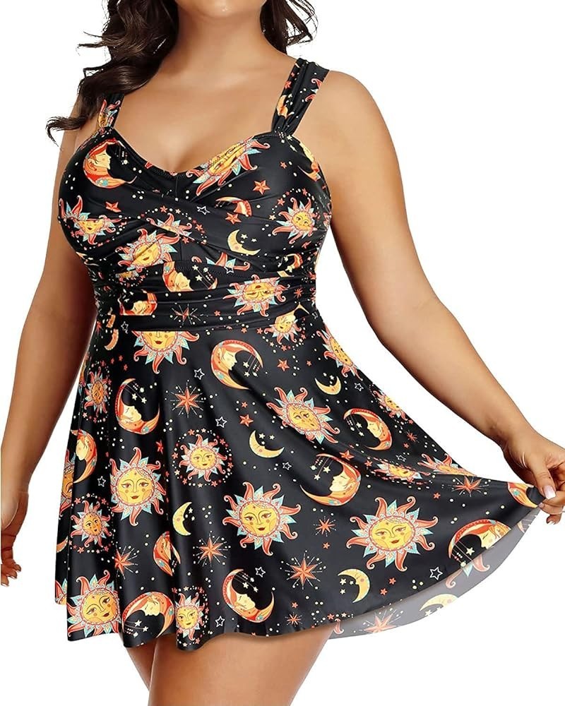 Plus Size Two Piece Swimsuits for Women Tankini Bathing Suits Flowy Swim Dress with Shorts Black Sun and Moon $17.33 Swimsuits