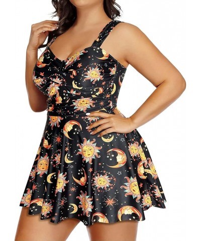 Plus Size Two Piece Swimsuits for Women Tankini Bathing Suits Flowy Swim Dress with Shorts Black Sun and Moon $17.33 Swimsuits