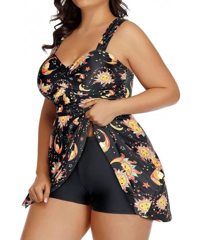 Plus Size Two Piece Swimsuits for Women Tankini Bathing Suits Flowy Swim Dress with Shorts Black Sun and Moon $17.33 Swimsuits