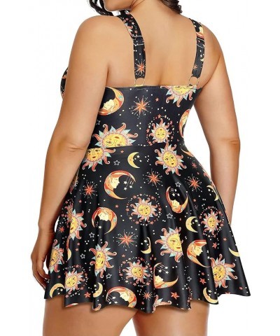 Plus Size Two Piece Swimsuits for Women Tankini Bathing Suits Flowy Swim Dress with Shorts Black Sun and Moon $17.33 Swimsuits