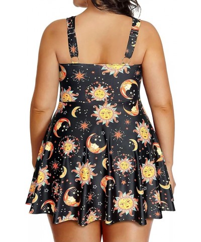 Plus Size Two Piece Swimsuits for Women Tankini Bathing Suits Flowy Swim Dress with Shorts Black Sun and Moon $17.33 Swimsuits