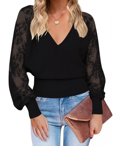 Women's 2024 V Neck Lace Long Sleeve Ribbed Knit Sweater Solid Color Pullover Tops Black $19.20 Sweaters