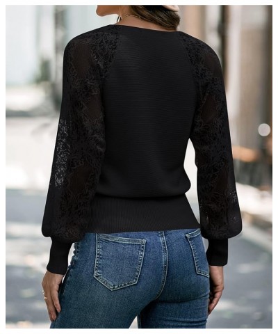 Women's 2024 V Neck Lace Long Sleeve Ribbed Knit Sweater Solid Color Pullover Tops Black $19.20 Sweaters