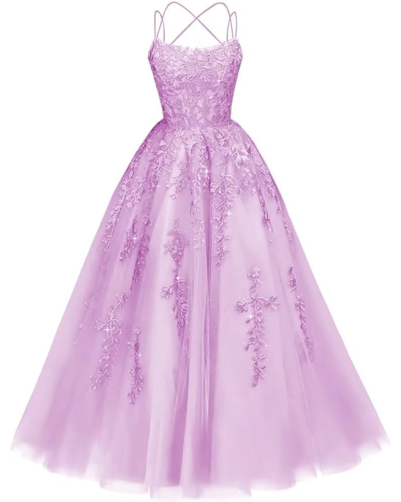 Lace Applique Tulle Prom Dresses for Women Long Spaghetti Straps A Line Formal Evening Wedding Party Gown Lilac $44.62 Dresses