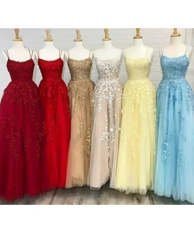 Lace Applique Tulle Prom Dresses for Women Long Spaghetti Straps A Line Formal Evening Wedding Party Gown Lilac $44.62 Dresses