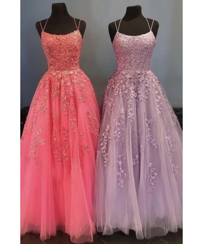 Lace Applique Tulle Prom Dresses for Women Long Spaghetti Straps A Line Formal Evening Wedding Party Gown Lilac $44.62 Dresses