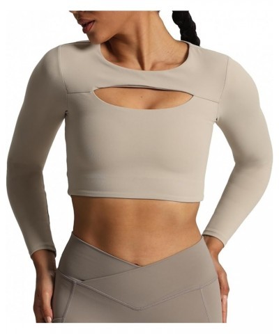 Long Sleeve Crop Tops for Women Front Cutout Lacey Workout Crisscross Crop T Shirt Top A Mink $17.50 Activewear