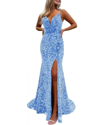 Spaghetti Straps V Neck Sequin Evening Gown Sparkly Prom Dress with Slit Blue $32.00 Dresses