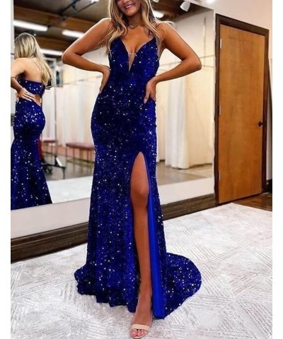 Spaghetti Straps V Neck Sequin Evening Gown Sparkly Prom Dress with Slit Blue $32.00 Dresses