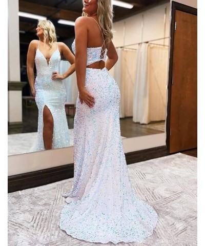 Spaghetti Straps V Neck Sequin Evening Gown Sparkly Prom Dress with Slit Blue $32.00 Dresses