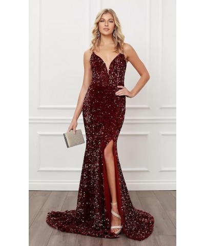 Spaghetti Straps V Neck Sequin Evening Gown Sparkly Prom Dress with Slit Blue $32.00 Dresses