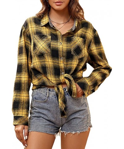 Women's Flannel Plaid Shirts Long Sleeve Casual Button Down Shirt Lapel Shacket Blouse Tops 1-yellow $14.88 Blouses