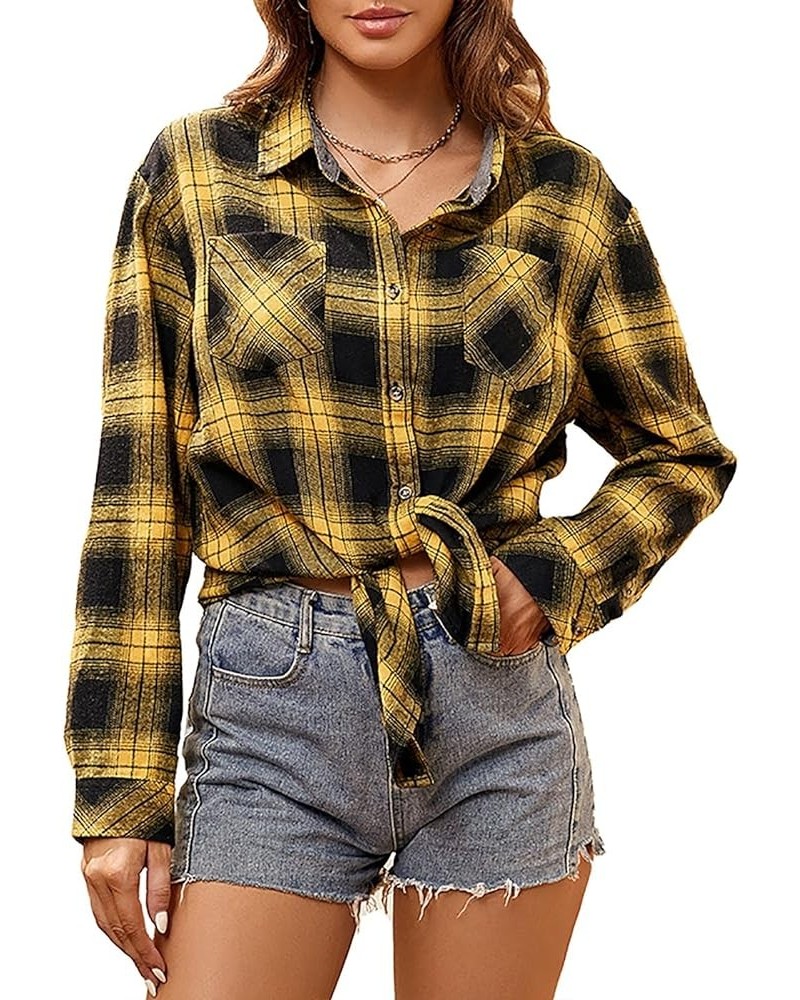 Women's Flannel Plaid Shirts Long Sleeve Casual Button Down Shirt Lapel Shacket Blouse Tops 1-yellow $14.88 Blouses