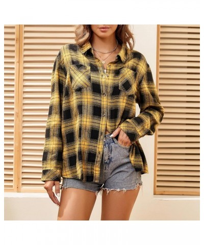 Women's Flannel Plaid Shirts Long Sleeve Casual Button Down Shirt Lapel Shacket Blouse Tops 1-yellow $14.88 Blouses