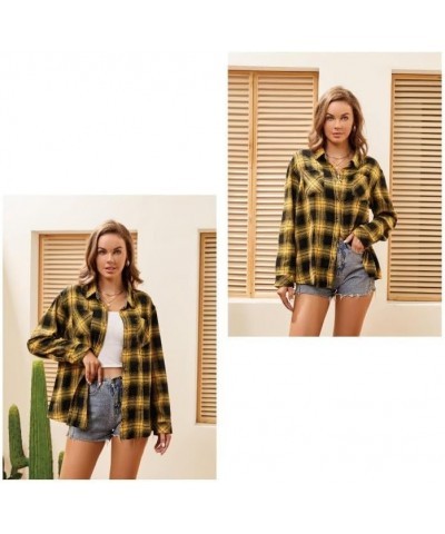 Women's Flannel Plaid Shirts Long Sleeve Casual Button Down Shirt Lapel Shacket Blouse Tops 1-yellow $14.88 Blouses