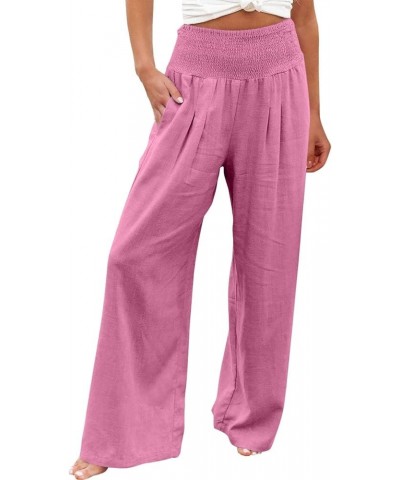 Cotton Linen Pant for Women,2024 Spring Summer Boho High Waisted Wide Leg Long Palazzo Pant Beach Lounge Trouser B-hot Pink $...