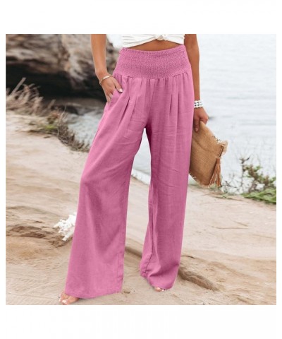 Cotton Linen Pant for Women,2024 Spring Summer Boho High Waisted Wide Leg Long Palazzo Pant Beach Lounge Trouser B-hot Pink $...