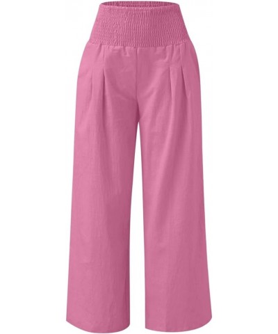 Cotton Linen Pant for Women,2024 Spring Summer Boho High Waisted Wide Leg Long Palazzo Pant Beach Lounge Trouser B-hot Pink $...