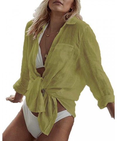 Women's Beach Shirt Long Sleeve Turn Down Collar Bathing Suit Cover Ups Yellow $15.94 Swimsuits