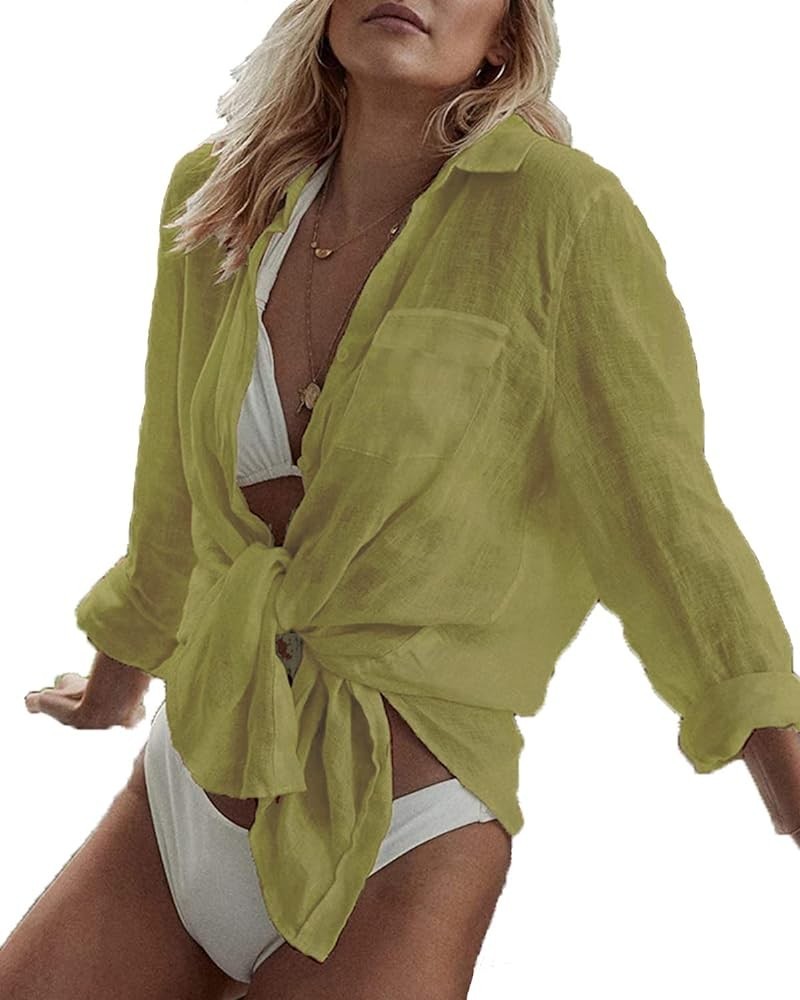 Women's Beach Shirt Long Sleeve Turn Down Collar Bathing Suit Cover Ups Yellow $15.94 Swimsuits