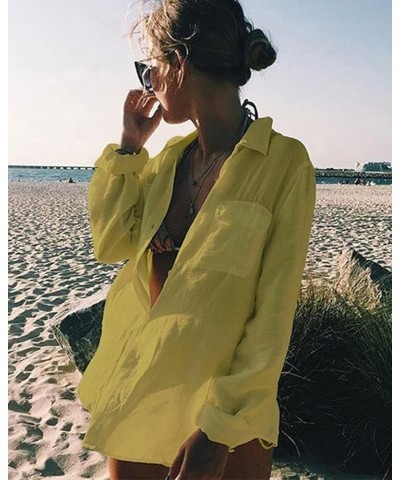 Women's Beach Shirt Long Sleeve Turn Down Collar Bathing Suit Cover Ups Yellow $15.94 Swimsuits