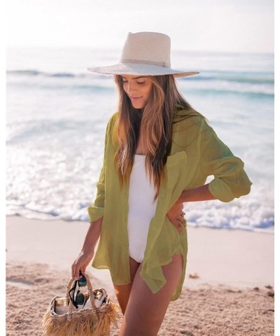 Women's Beach Shirt Long Sleeve Turn Down Collar Bathing Suit Cover Ups Yellow $15.94 Swimsuits