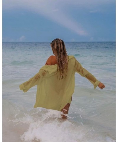 Women's Beach Shirt Long Sleeve Turn Down Collar Bathing Suit Cover Ups Yellow $15.94 Swimsuits