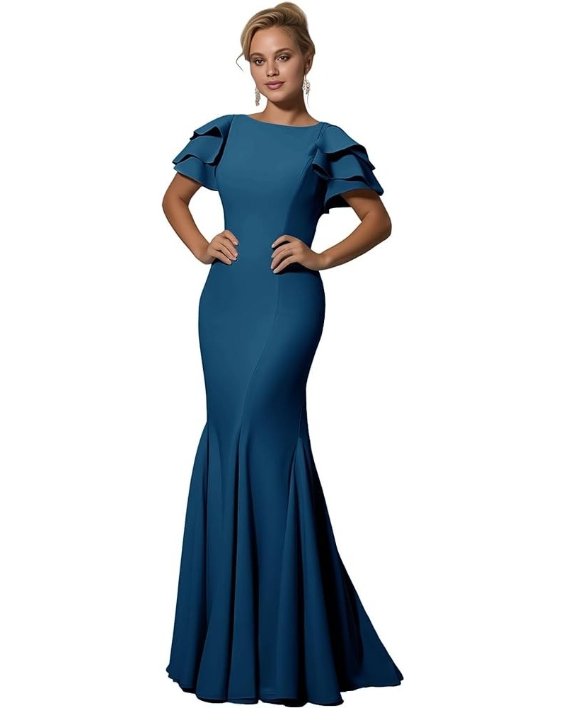 Mother of The Bride Dresses Long - Satin Rullfes Sleeves Mermaid Evening Gowns Deep Teal B $49.39 Dresses