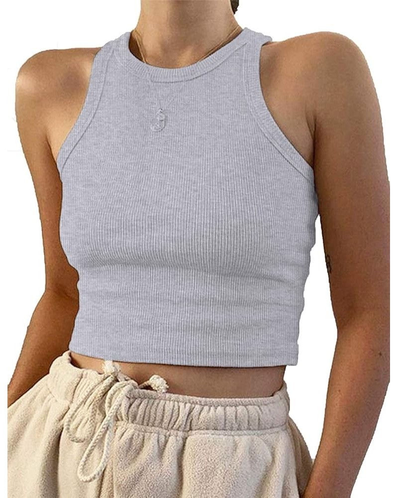 Women's Round Neck Basic Racerback Camisole Rib-Knit Solid Sleeveless Crop Tank Tops Grey $10.79 Tanks