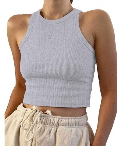 Women's Round Neck Basic Racerback Camisole Rib-Knit Solid Sleeveless Crop Tank Tops Grey $10.79 Tanks