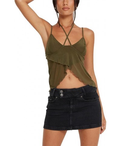 Y2k Sexy See Through Mesh Sheer Tank Tops Women Spaghetti Strap Backless Going Out Cami Crop Top Lace Streetwear B Army Green...