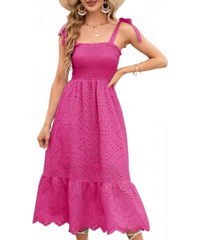 Women Boho Summer Dress Tie Shoulder Sleeveless Solid Embroidery Smocked Midi Dresses Hot Pink $20.25 Dresses