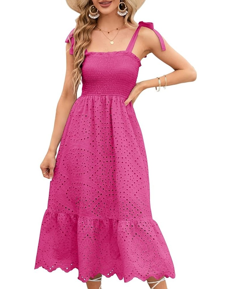 Women Boho Summer Dress Tie Shoulder Sleeveless Solid Embroidery Smocked Midi Dresses Hot Pink $20.25 Dresses