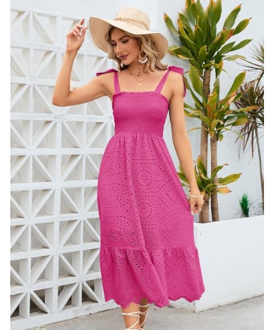 Women Boho Summer Dress Tie Shoulder Sleeveless Solid Embroidery Smocked Midi Dresses Hot Pink $20.25 Dresses