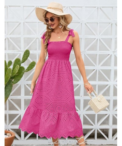 Women Boho Summer Dress Tie Shoulder Sleeveless Solid Embroidery Smocked Midi Dresses Hot Pink $20.25 Dresses