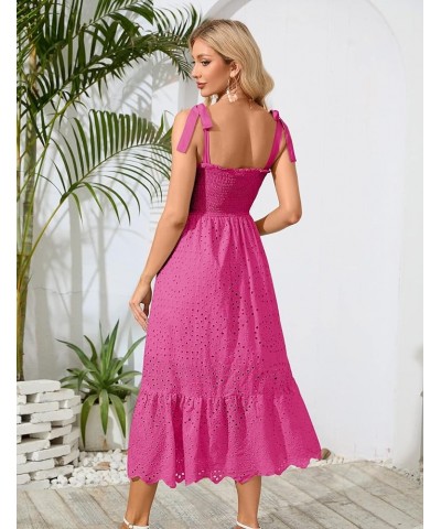 Women Boho Summer Dress Tie Shoulder Sleeveless Solid Embroidery Smocked Midi Dresses Hot Pink $20.25 Dresses