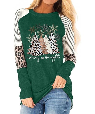 Christmas T Shirt Womens Merry and Bright Shirt Xmas Leopard Print Tree T-Shirt Holiday Graphic Tee Tops Green $10.93 T-Shirts