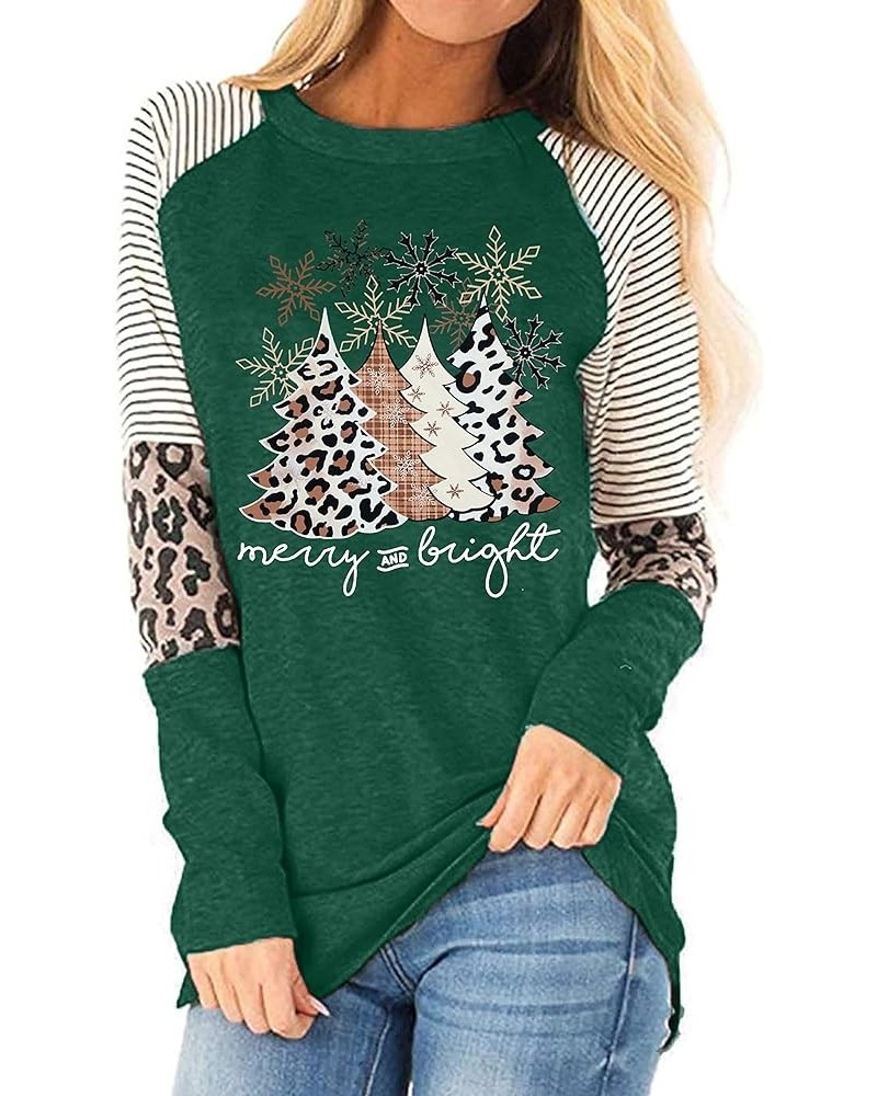 Christmas T Shirt Womens Merry and Bright Shirt Xmas Leopard Print Tree T-Shirt Holiday Graphic Tee Tops Green $10.93 T-Shirts