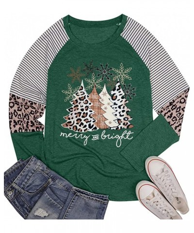 Christmas T Shirt Womens Merry and Bright Shirt Xmas Leopard Print Tree T-Shirt Holiday Graphic Tee Tops Green $10.93 T-Shirts