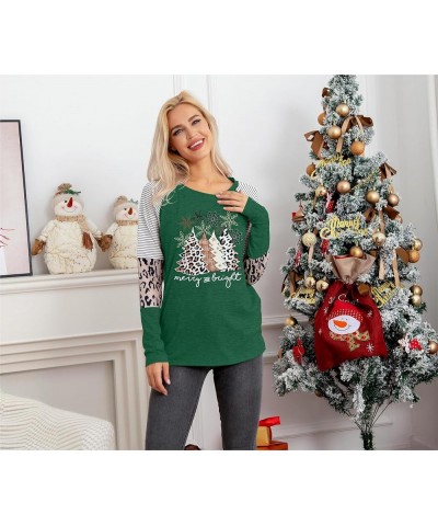 Christmas T Shirt Womens Merry and Bright Shirt Xmas Leopard Print Tree T-Shirt Holiday Graphic Tee Tops Green $10.93 T-Shirts