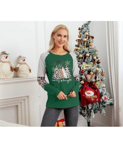 Christmas T Shirt Womens Merry and Bright Shirt Xmas Leopard Print Tree T-Shirt Holiday Graphic Tee Tops Green $10.93 T-Shirts