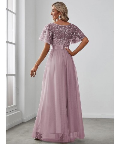 Women's Crew Neck A-Line Evening Cocktail Long Dress Ruffle Sleeve High Waist Beaded Bridesmaid Dresses 0904-USA Lilac $49.77...