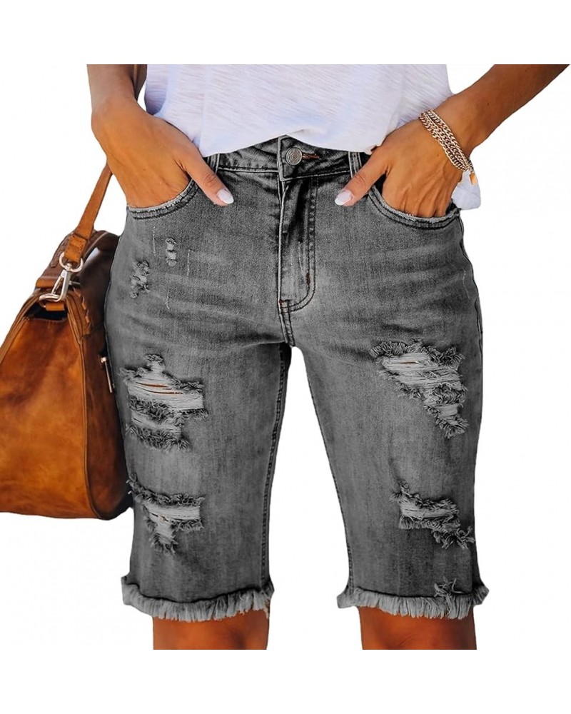 Distressed Bermuda Jean Shorts for Women Stretchy Frayed Jean Knee Lenght Shorts Casual Ripped Frayed Summer Short Jeans Ligh...