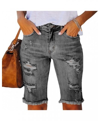 Distressed Bermuda Jean Shorts for Women Stretchy Frayed Jean Knee Lenght Shorts Casual Ripped Frayed Summer Short Jeans Ligh...