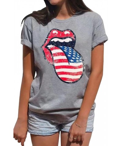 Womens American Flag Lips T-Shirt Funny July 4th Independence Day Graphic Tees Tops Grey $11.79 T-Shirts