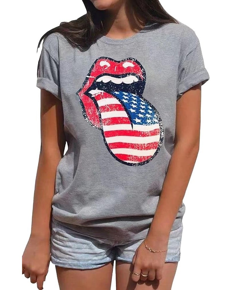 Womens American Flag Lips T-Shirt Funny July 4th Independence Day Graphic Tees Tops Grey $11.79 T-Shirts